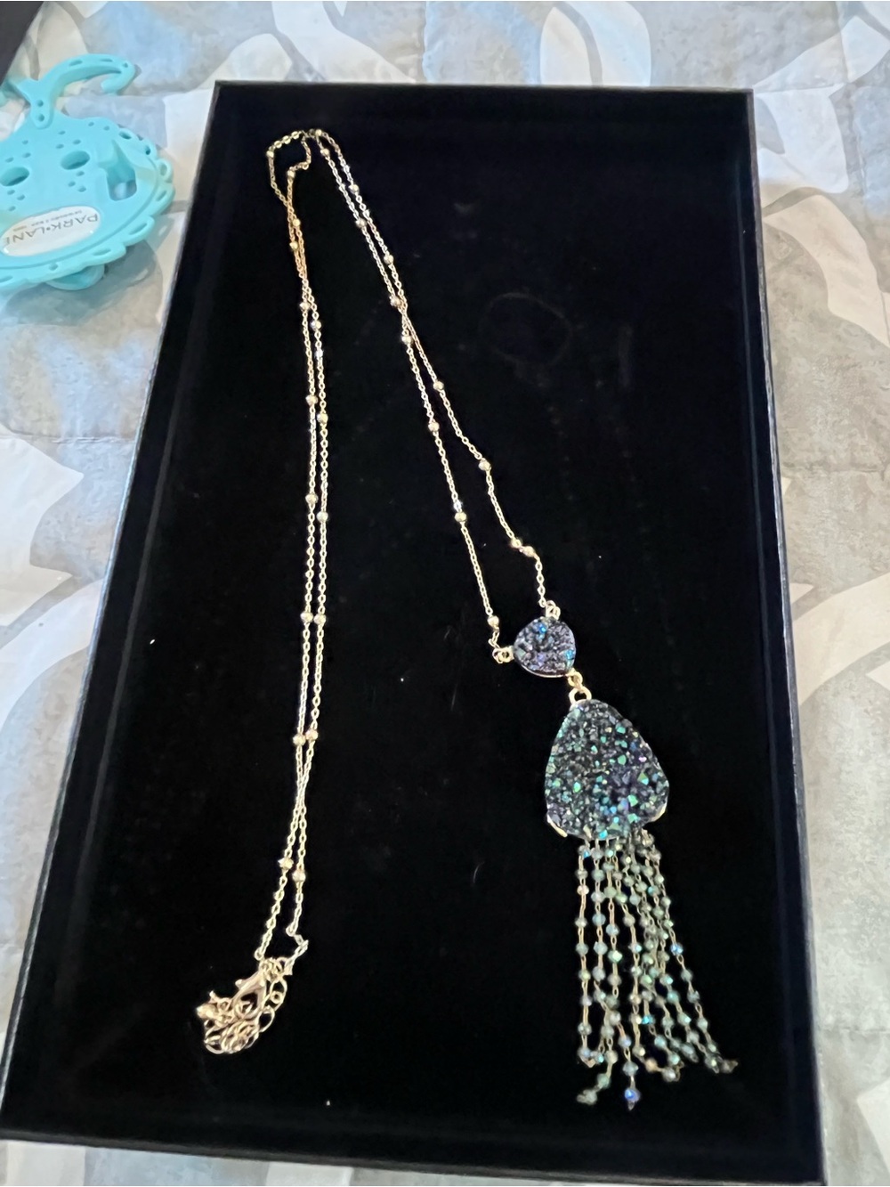 Gold-tone Druzy Teardrop Tassel Necklace in Blue-Green